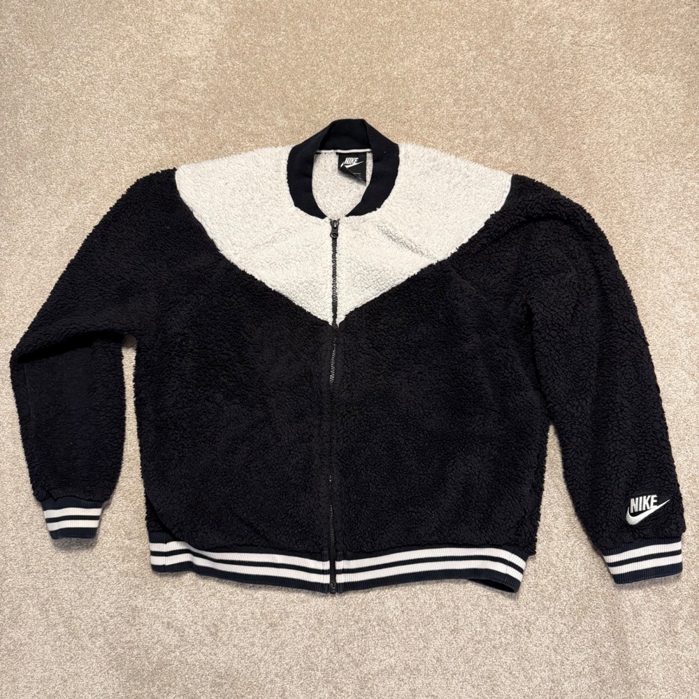 Nike Sherpa Fleece Bomber Jacket Women XL Black White Full‎ Zip 939388-010